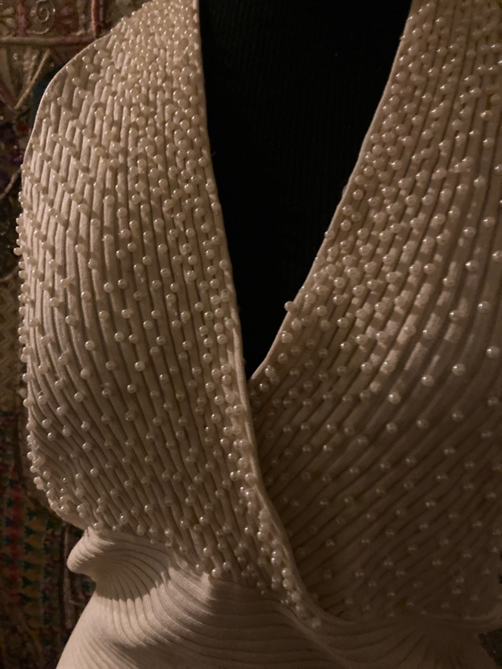 White House Black Market Ivory V‑Neck Embellished Sweater